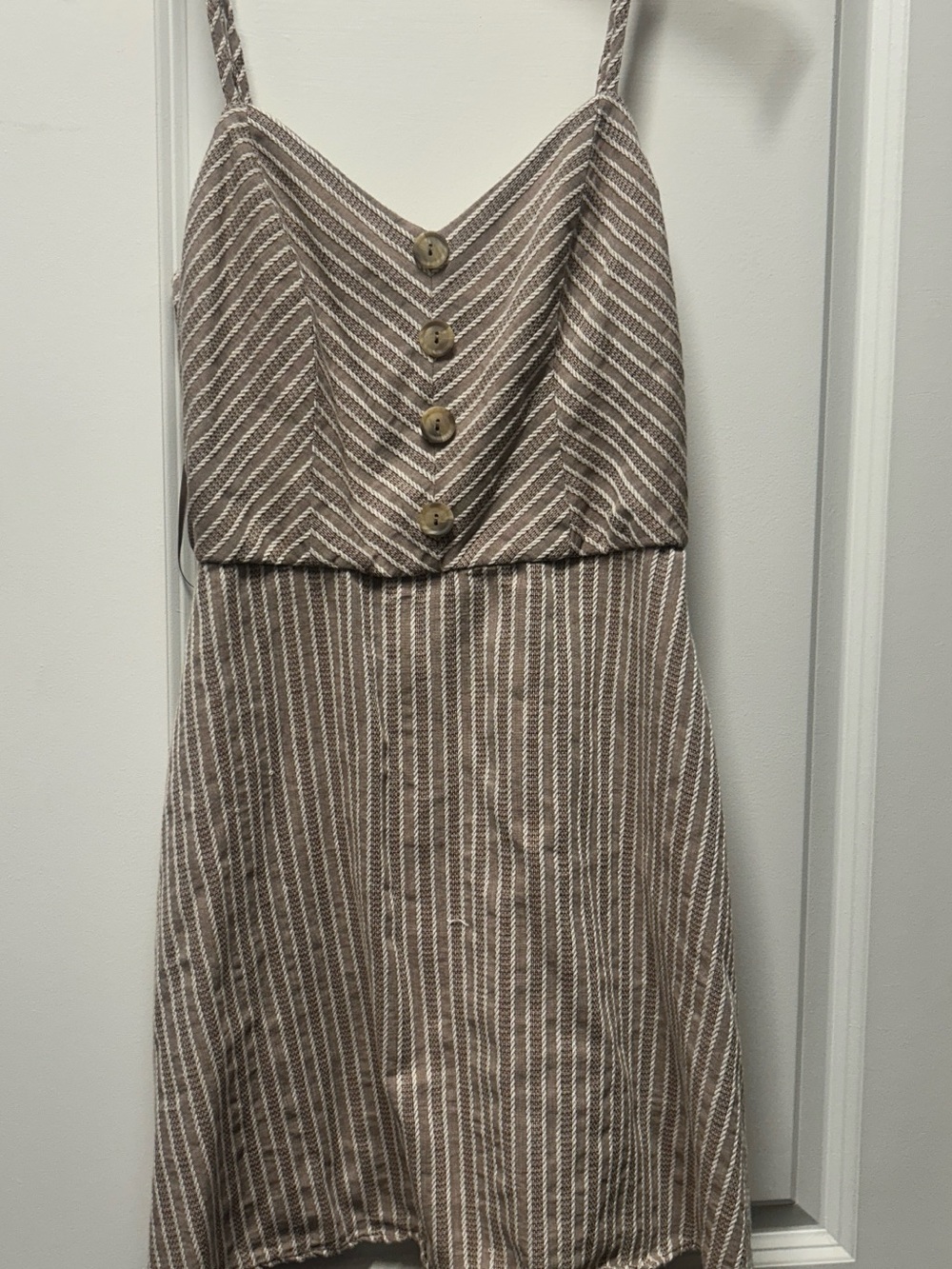 miami Taupe and White Striped Spaghetti Strap Mini Dress